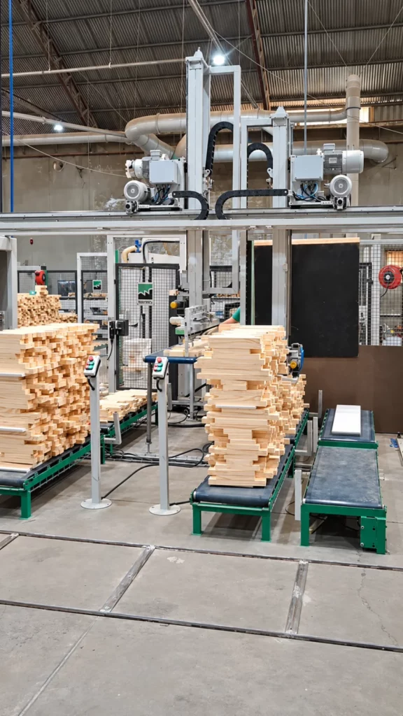 Conjunto do alimentador cartesiano com dois manipuladores, pilhas de madeira e transportadores.