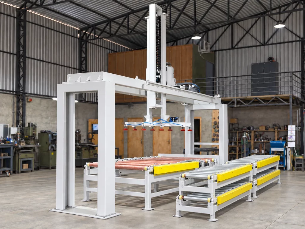 Alimentador cartesiano com sistema de pega por ventosas e transportadores de roletes em ambiente industrial.
